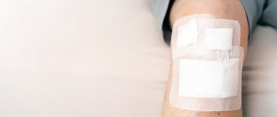 A man's knee with dressings over wounds.