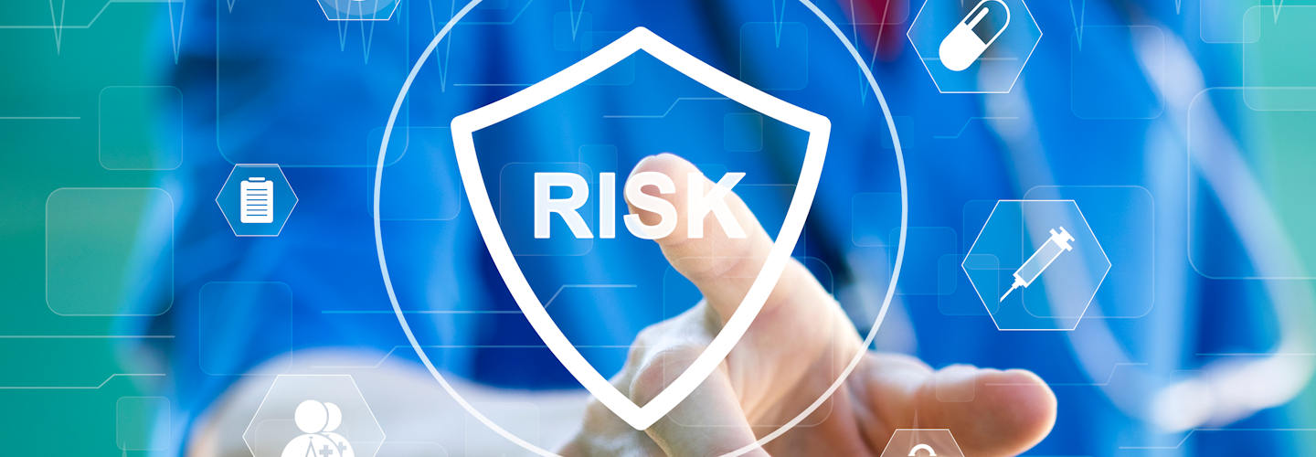 A medical professional with a digital overlay of health icons and the word 'risk'.
