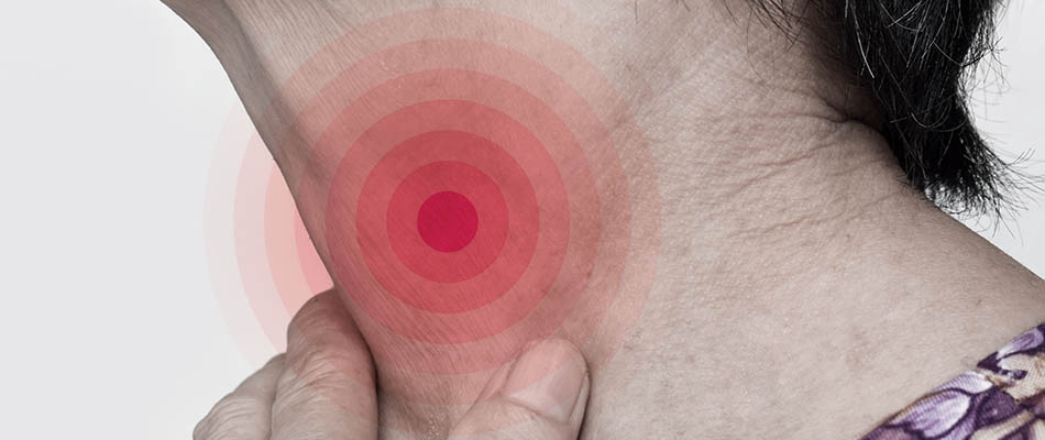 A person's hand held against their lower neck. The throat area is highlighted in red to suggest dysphagia.