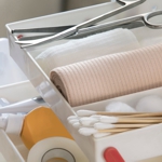 Wound dressing equipment in a tray.