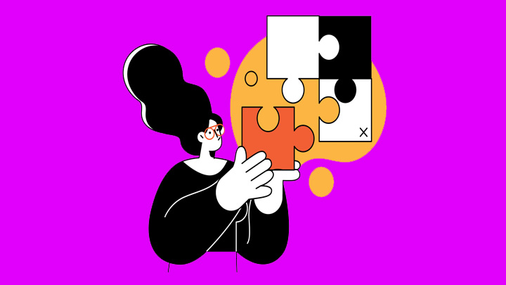 An illustration of a person fitting a jigsaw piece into a puzzle.