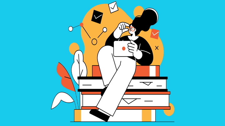 An illustration of a person sat on top of a pile of books to represent progression on a course.