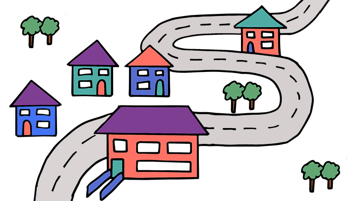 Hand-drawn cartoon illustration of town or village