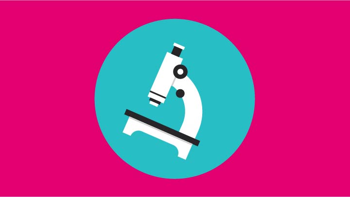 A microscope icon on a pink background.