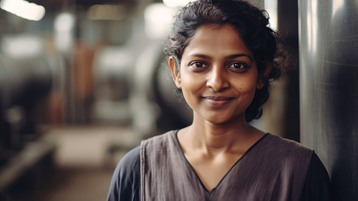 A smiling Indian factory worker.