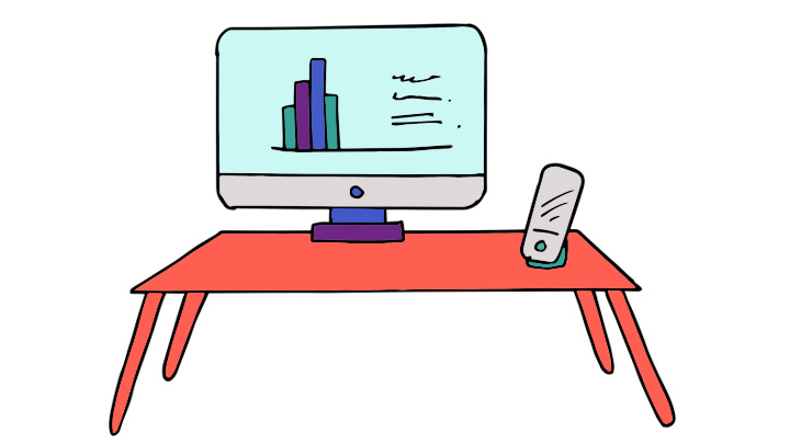 Hand-drawn cartoon of desk with computer and a smartphone.