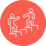 An icon of a person walking up stairs and someone at the top reaching out to support them up on an orange background.