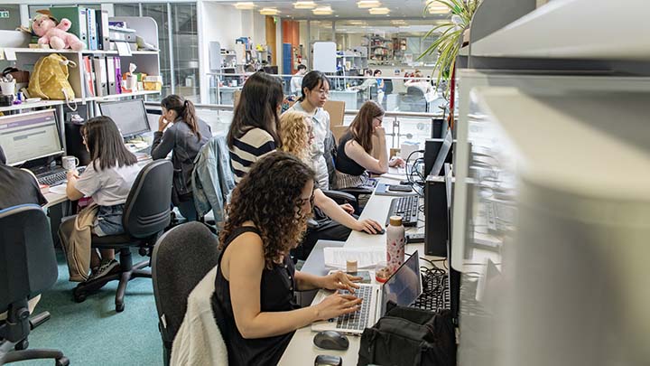 Postgraduate research students in a write-up area.