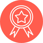 An icon of a rosette with a star on an orange background.